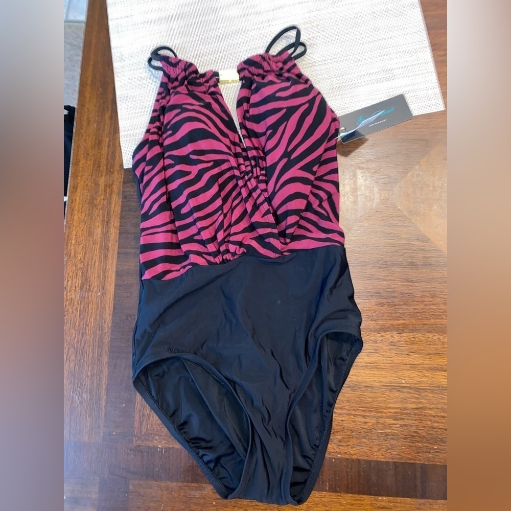 Zebra Print One Piece Swimsuit Small Pink Black NWT Trendy High Cut Bathing